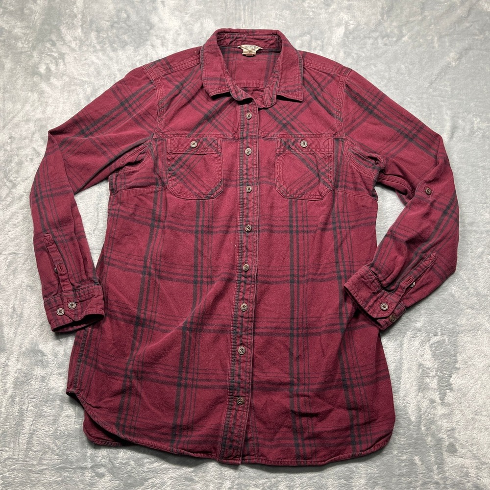 Duluth Trading Co Flannel Shirt Womens Burgundy Plaid Roll Tab Sleeve Cotton L